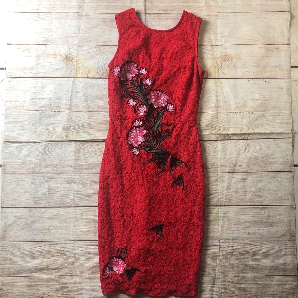 Mystic Red Floral Embroidered Midi‎ Dress